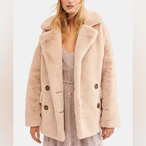 Free People Kate Oversized Faux-Fur Double-Breasted Coat Women's XL Apricot Tan - Picture 2 of 7